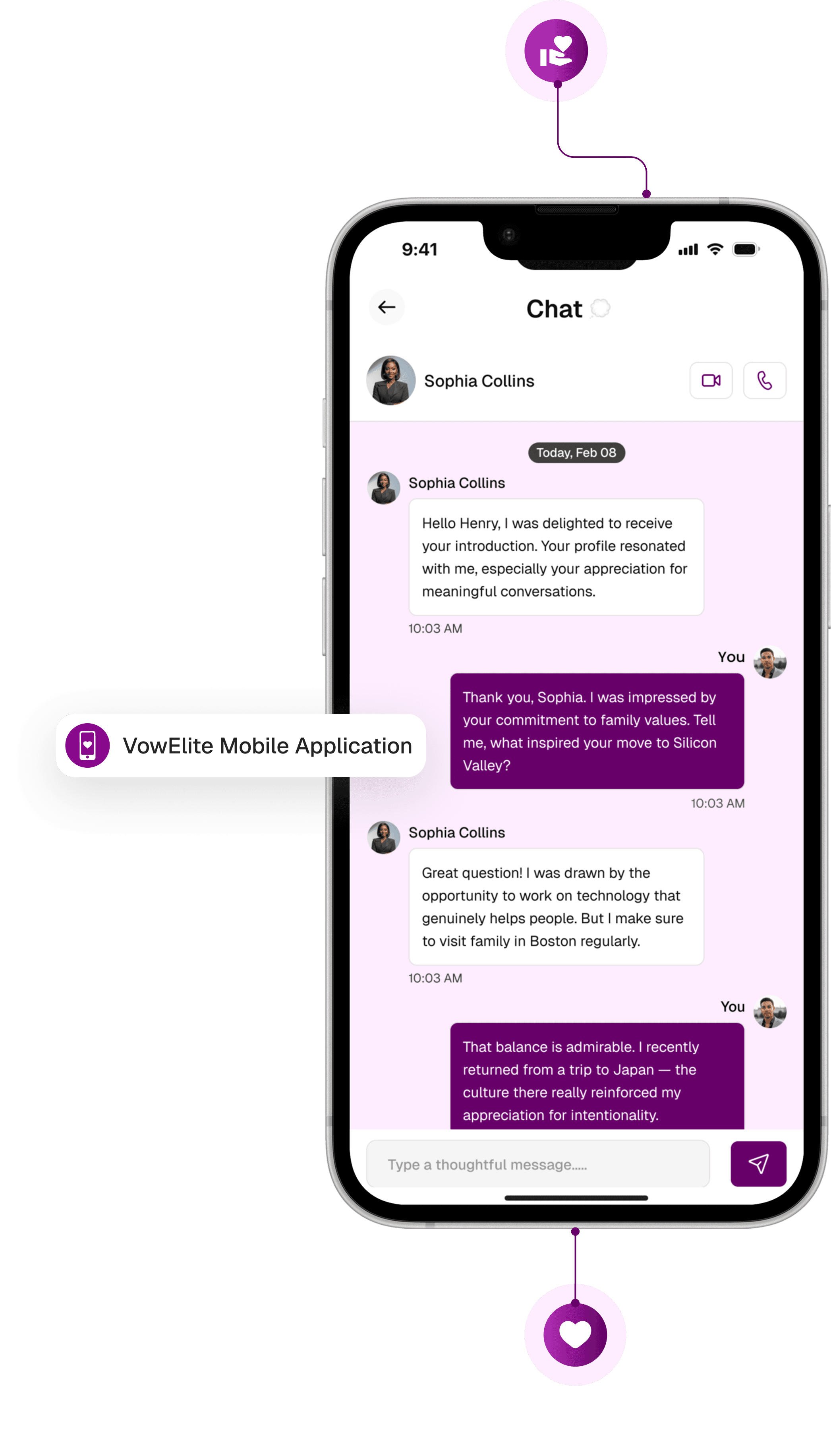 VowElite mobile app showing a chat conversation on an iPhone.